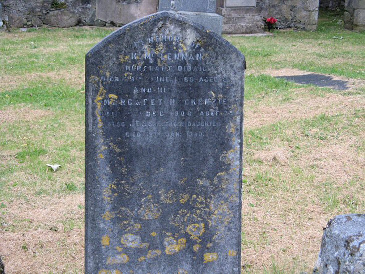 Photo of headstones/K[enneth] McLennan died 1889 MI Gairloch Old